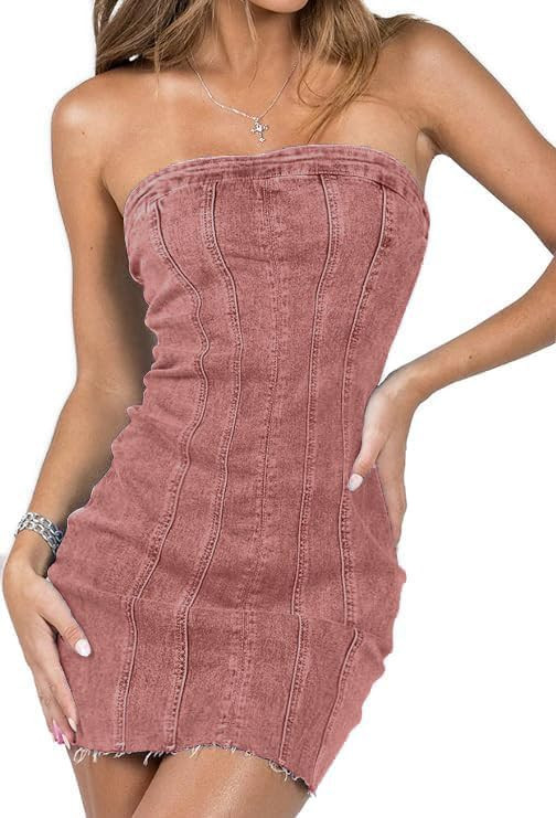Sexy Denim Strapless Dresses for Women Y2K Jeans Corset Backless Tube Bodycon Mini Dress Clubwear | Amazon (US)