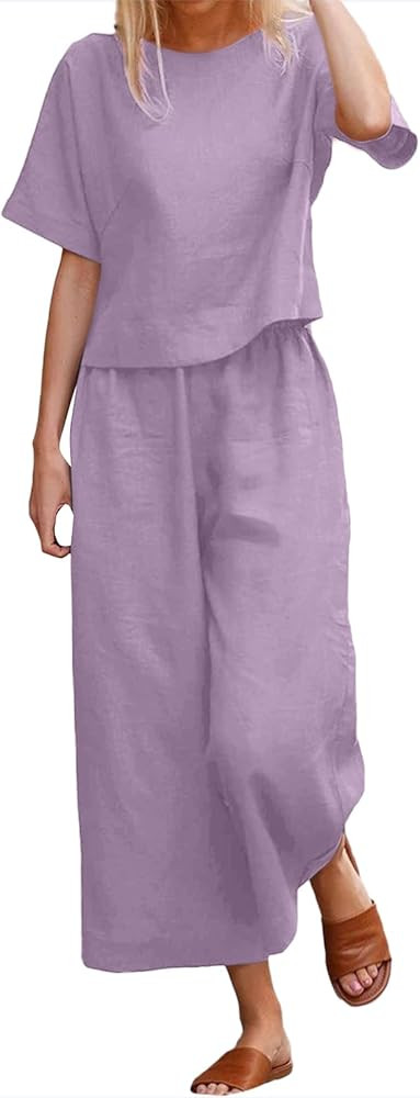 Nfsion Womens Summer 2 Piece Outfits Crewneck Half Sleeve Wide Leg Long Pants Linen Lounge Sets w... | Amazon (US)