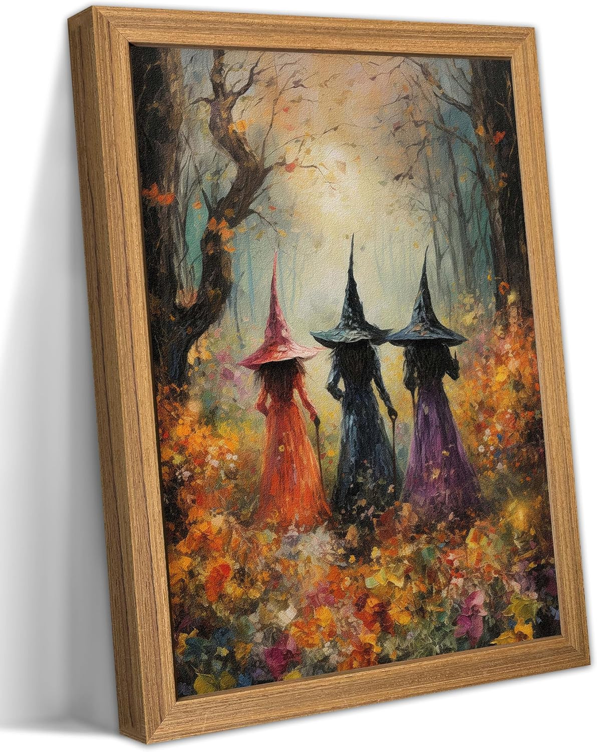 Framed Vintage Halloween Witch Wall Art – Halloween 3D Texture Witches Pictures Fall Decor for Living Room, Mysterious Forest Witchy Sandstone Aesthetic Art Prints for Bedroom Kids Room – 12x16in | Amazon (US)
