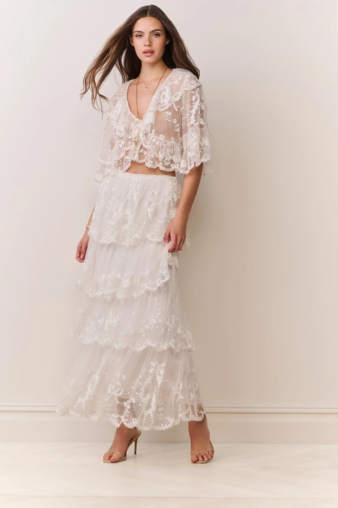 Celesa Embroidered Mesh Tiered Maxi Skirt | LoveShackFancy