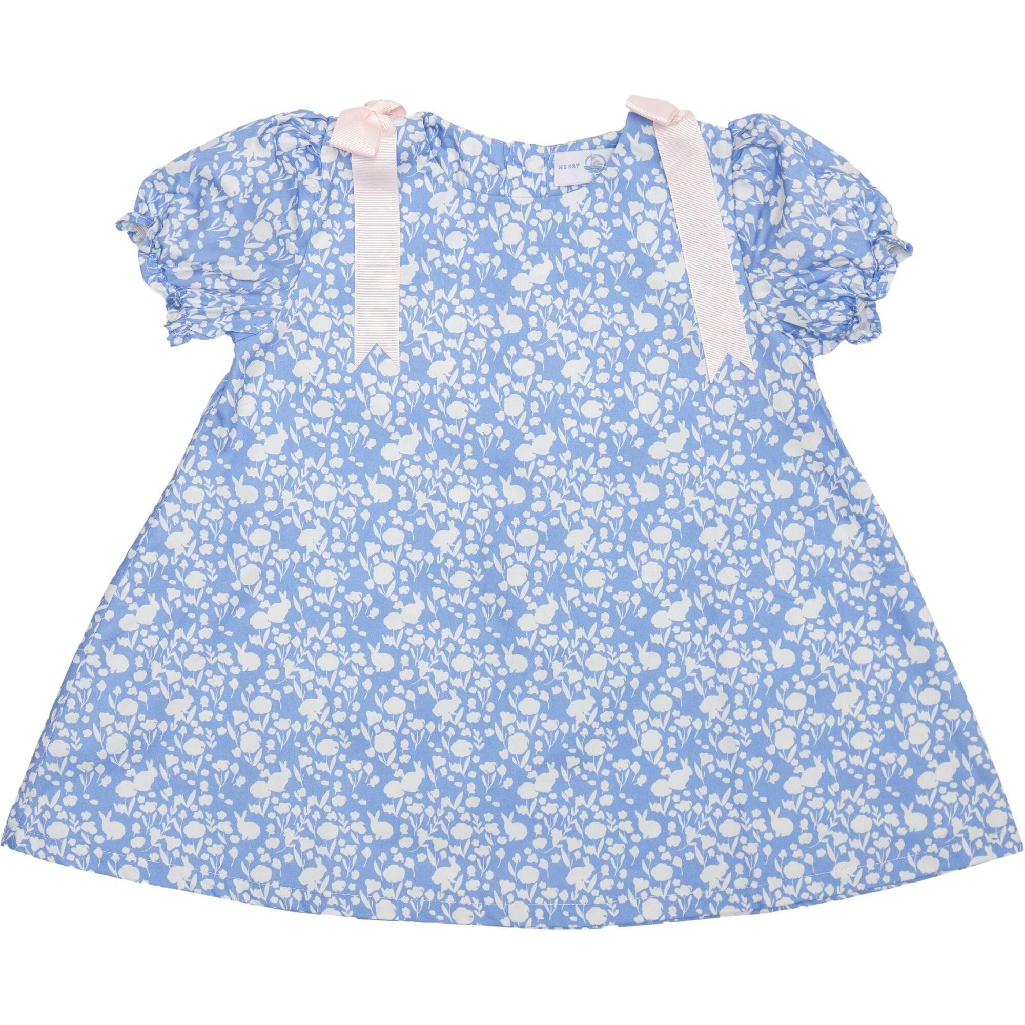 Jane Cotton Tail Pre-Tied Grosgrain Shoulder Bow Dress, Cambridge Blue | Maisonette