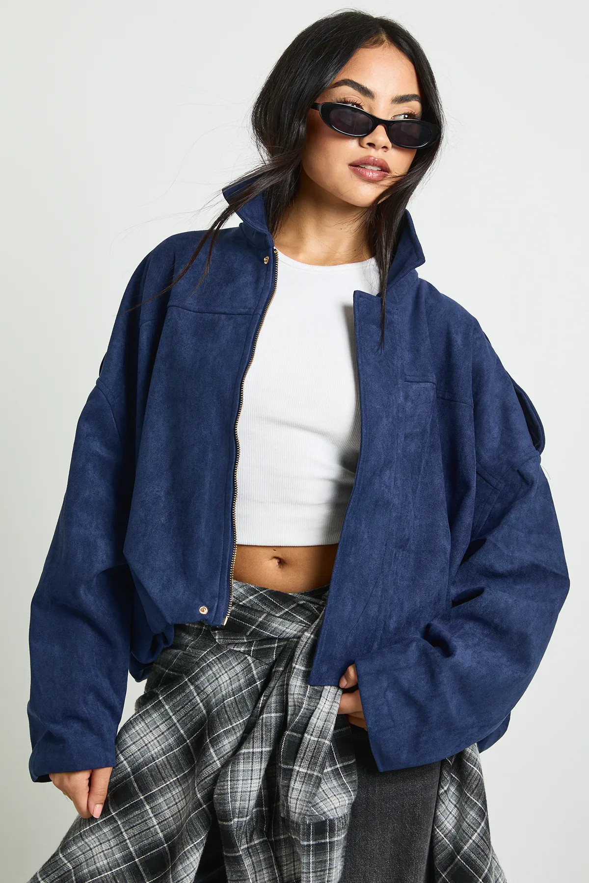 boohoo Women's Faux Suede Bomber Jacket in Navy | Size: Small/Medium | Boohoo.com (UK & IE)