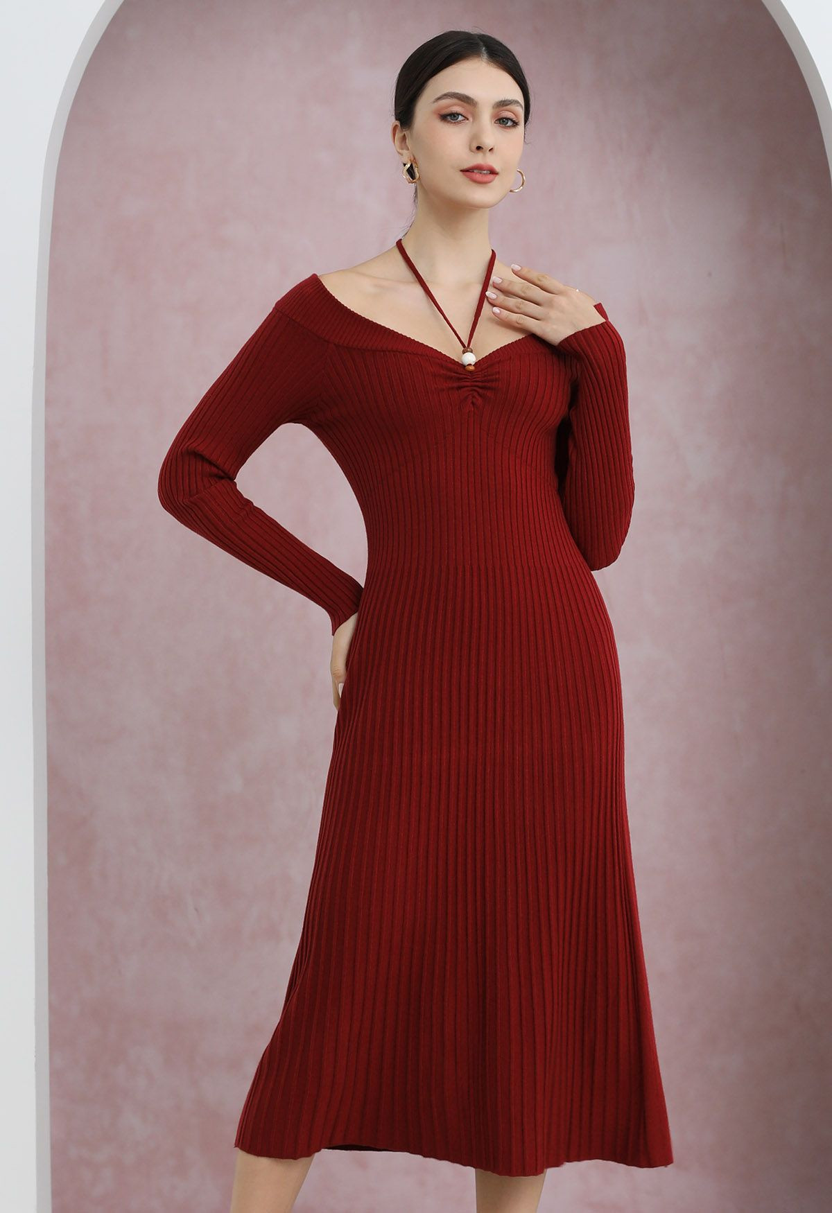 Self-Tie Halter Off-Shoulder Ribbed Knit Midi Dress in Red | Chicwish