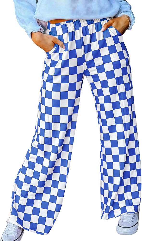 Womens Checkered Pants Y2K Pajama Pants Elastic Waist Wide Leg Lounge Pants Comfy Pj Bottoms with... | Amazon (US)