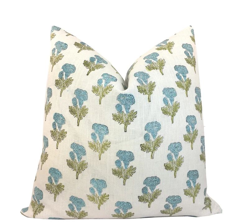 Samali Aqua and Green Floral Block Print Pillow Cover  Hand | Etsy | Etsy (US)