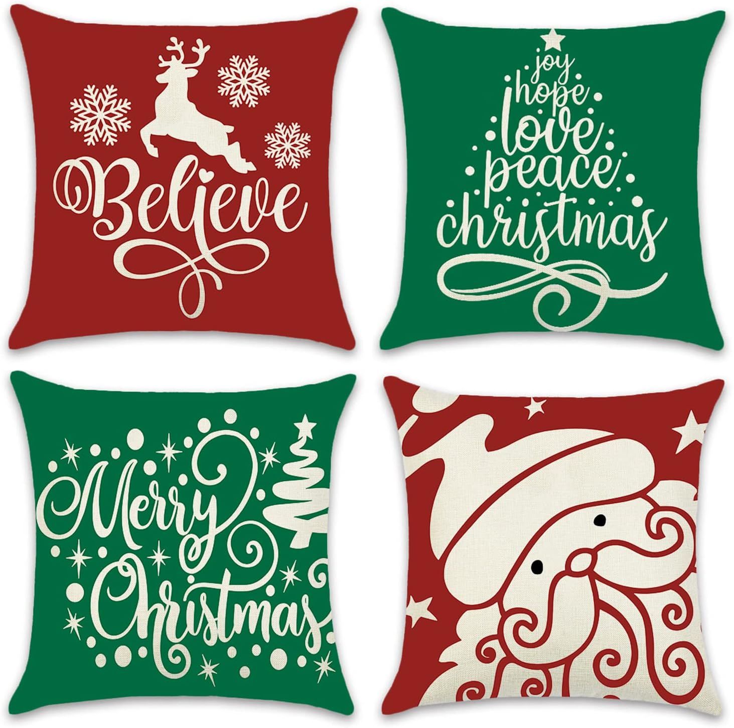 Christmas Pillow Covers 18x18 Set of 4，Red Green Farmhouse Christmas Throw Pillow Cases with Me... | Amazon (US)