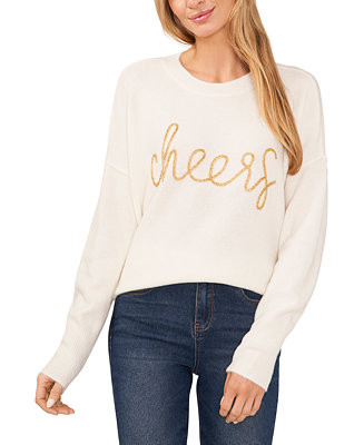 CeCe Women's Long-Sleeve Cheers Script Sweater - Macy's | Macy's