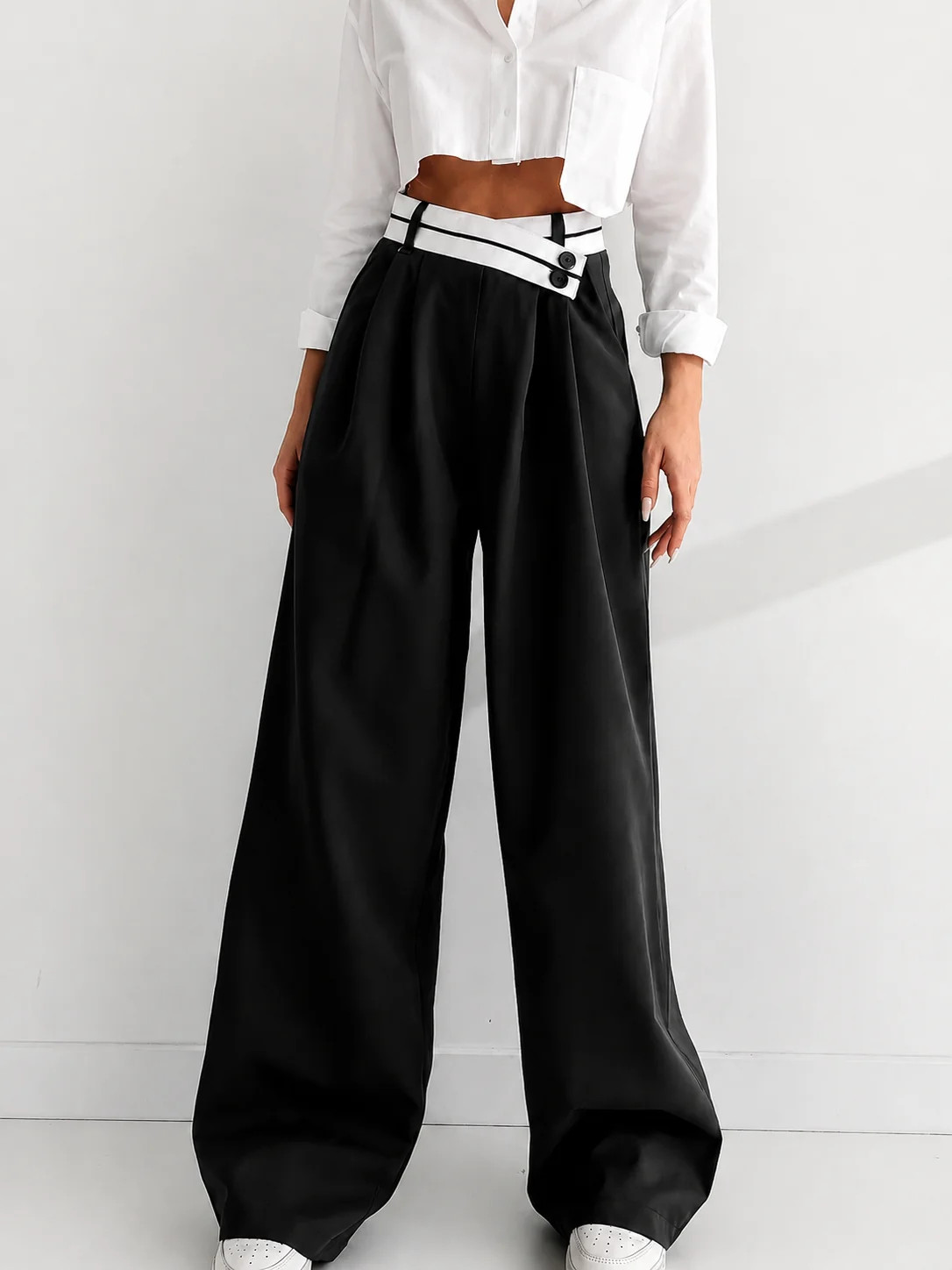 Asymmetrical Contrast Waistband Wide Leg Dress Pants | Commense