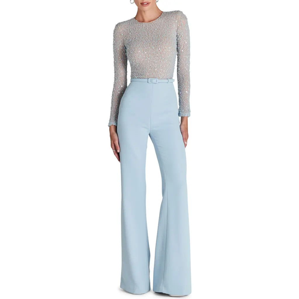 NADINE MERABI Misha Beaded Long Sleeve Wide Leg Jumpsuit in Light Blue at Nordstrom, Size 14 | Nordstrom