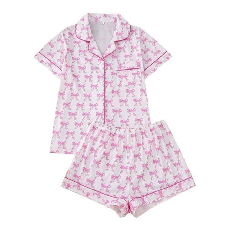 WIBACKER S-2XL Womens Pajamas Set Short Sleeve Pjs Button Down 2 Piece Loungewear Sets Pink Bowknot Sleepwear | Walmart (US)