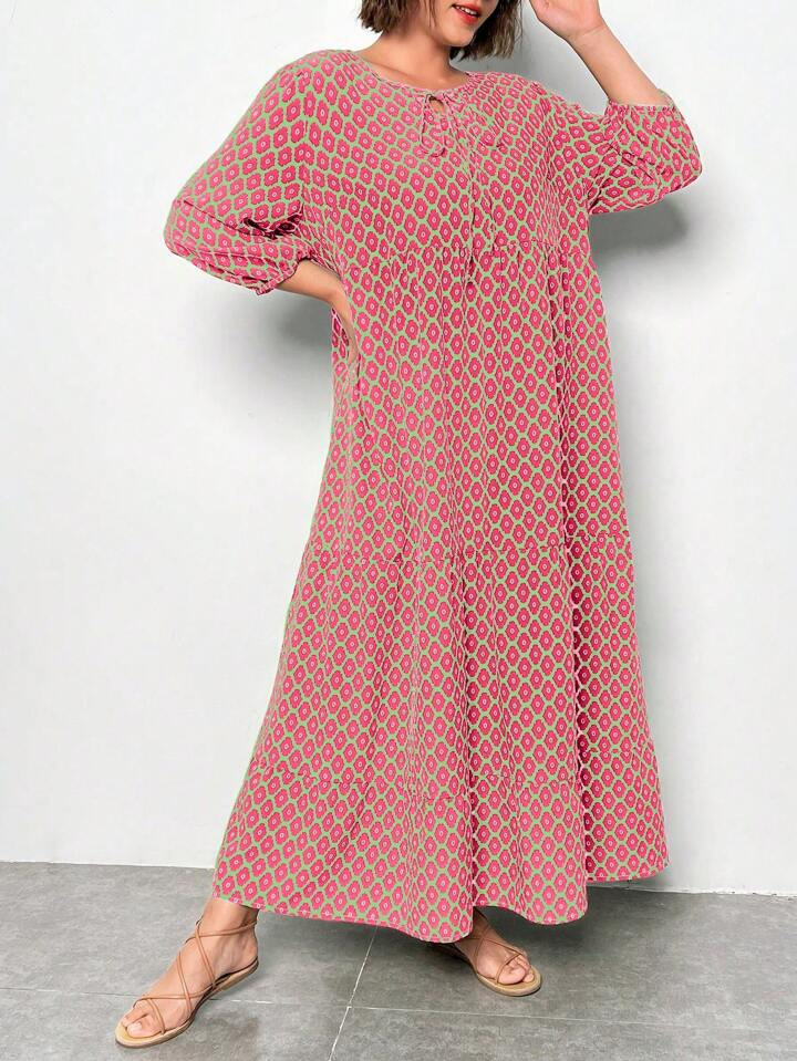 SHEIN LUNE Plus size casual vakantie maxi-jurk met volledige print | SHEIN