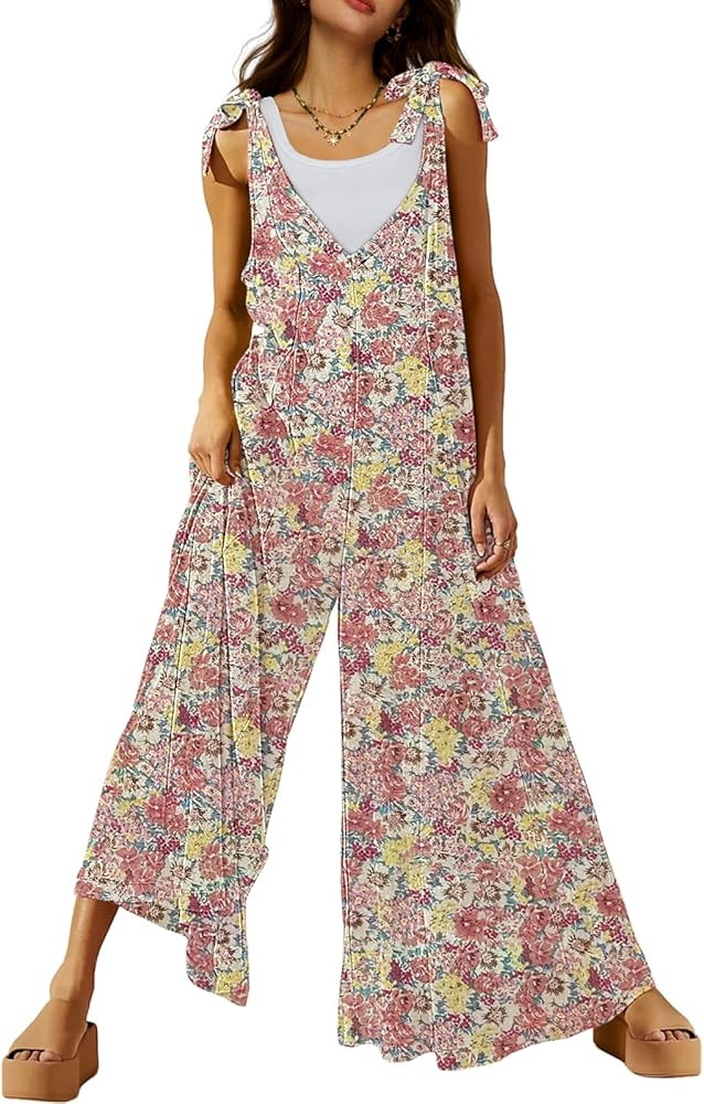 DEEP SELF Women's Summer Causal Jumpsuits Sleeveless Wide Leg Long Rompers V Neck Tie Strap Loose... | Amazon (US)