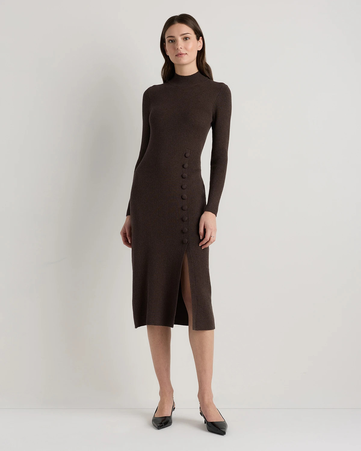 Quince | Women's Cotton Cashmere Side Slit Midi Dress in Olive, Size Large | Quince