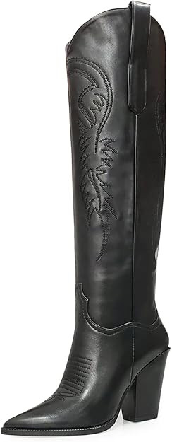 ISNOM Women's Western Boots Knee High Boots, Cowboy Cowgirl Embroidered Chunky Block Heel Pointed... | Amazon (US)