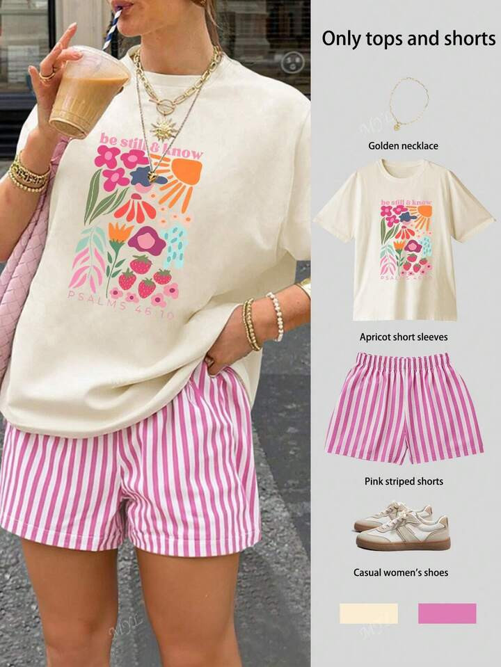 Be Stil & Know Printed Women's Oversize Short-Sleeved Tops And Striped Shorts Set, Summer Tops, Summer Shirts, Casual Women's Wear, | SHEIN