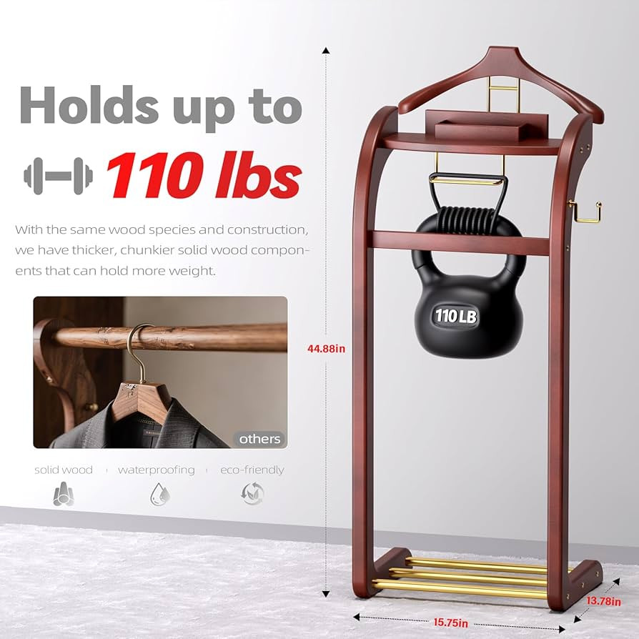 Suit Valet Stand for Men, Wood Mens Valet Stand with Base, Contour Hanger, Tray, Trouser Bar and ... | Amazon (US)