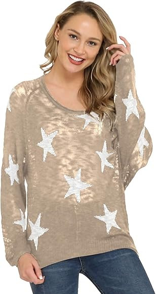 Womens Loose Star Sweater Long Batwing Sleeve V Neck Knitted Pullover Tops | Amazon (US)