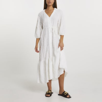White long sleeve textured smock dress | River Island (UK & IE)