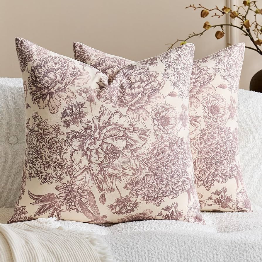 Floral Pillow Covers 20x20 Inch Set of 2 Brown Farmhouse Block Print Pillow Covers Decorative Thr... | Amazon (US)
