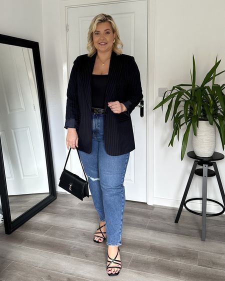 NewLook from office to the bar 
Jeans size 16 Length 32
Bodysuit 18
Blazer 18
Heels and loafers wide fit 