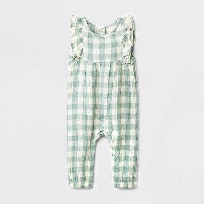 Baby Girls' Gingham Gauze Long Leg Romper - Cat & Jack™ Mint Green | Target