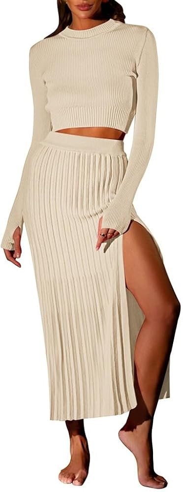 Pink Queen Women's 2 Piece Sweater Outfits Set Long Sleeve Crop Top Ribbed Split Bodycon Midi Lon... | Amazon (US)