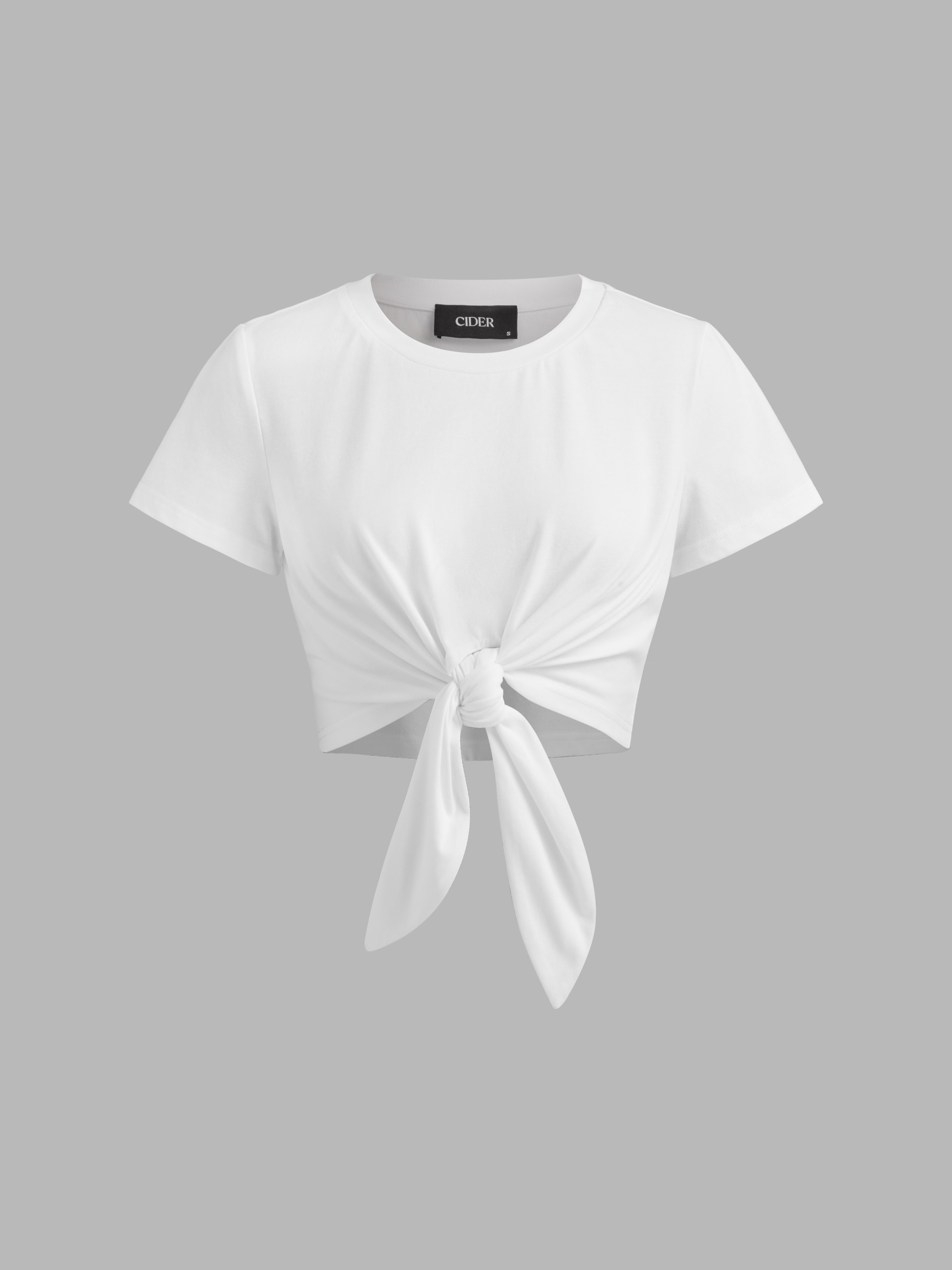 Knit Fabric Round Neck Knotted Crop Short Sleeve Tee For Daily Casual | Cider