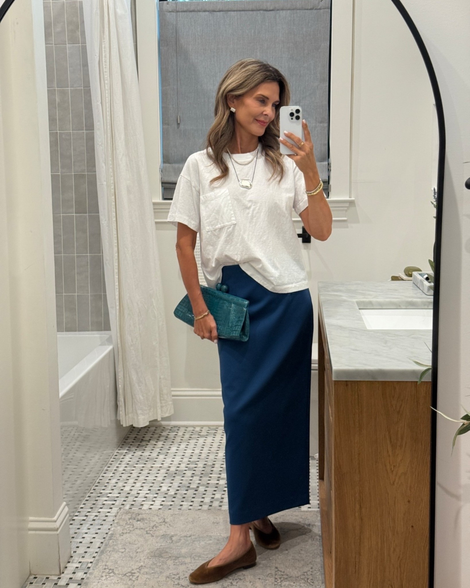 -t-shirt is chic and elevated. Sz Small
-skirt is old Tibi
-velvet flats TTS 
-Bag The Real Real 
-silver necklace comes in 4 colors, gets compliments all the time! 

#LTKOver40 #LTKTravel #LTKSeasonal