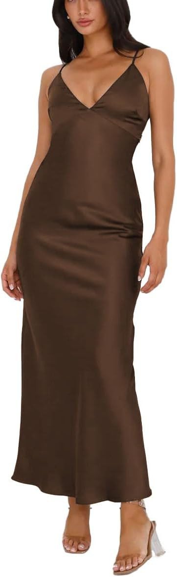 Summer Satin Spaghetti Strap V Neck Backless Midi Dresses for Women Wedding Guest Elegant Tie Back Cocktail Dress | Amazon (US)