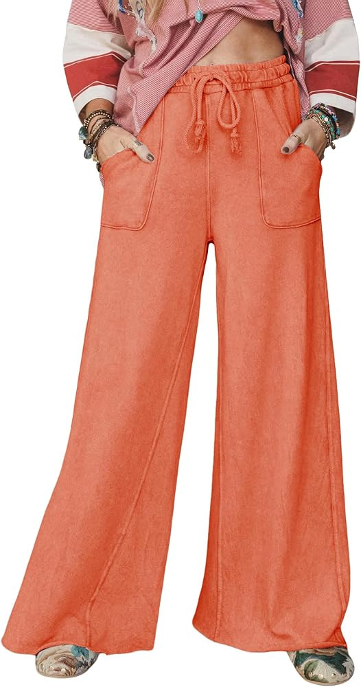 Wide Leg Pants for Women Acid Wash Palazzo Sweatpants Casual Drawstring Baggy Trousers with Pocke... | Amazon (US)