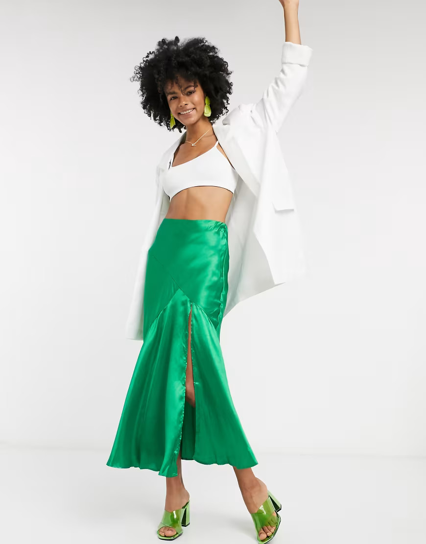ASOS DESIGN satin midi skirt with thigh split in green | ASOS (Global)