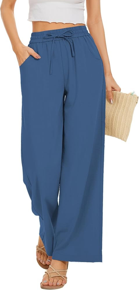 Women Flowy Pants Drawstring Waist Wide Leg Palazzo Beach Pants Loose Fit with Pockets | Amazon (US)