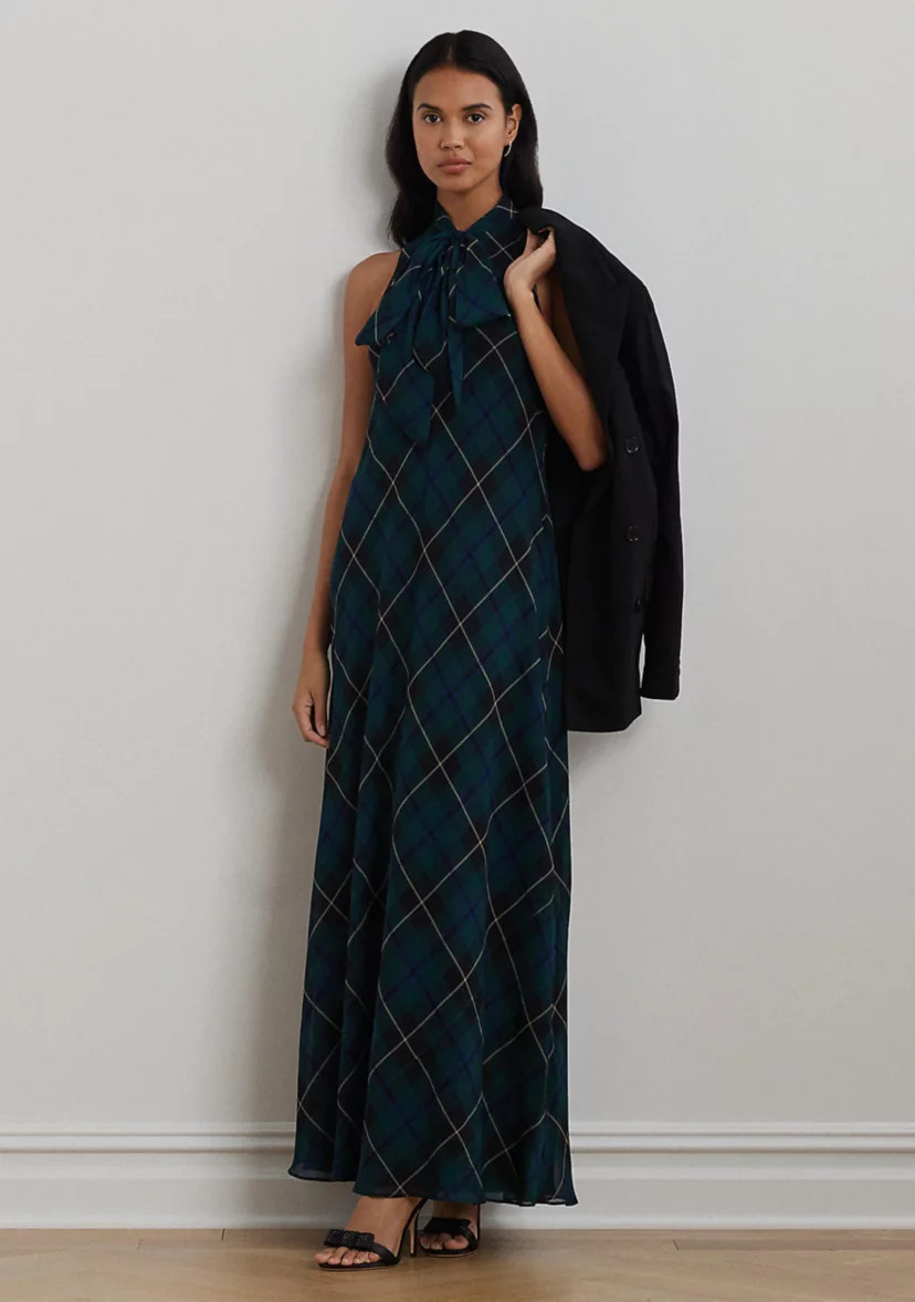 Plaid Crinkle Georgette Tie-Neck Gown | Belk