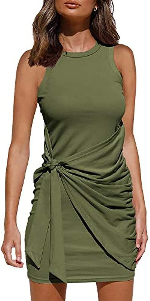 isermeo Women's Sleeveless Crew Neck Tank Dress Tie Waist Ruched Bodycon Mini Dress | Amazon (CA)