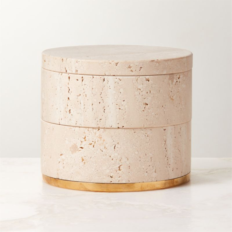 Pierce Unlacquered Brass and Travertine Two-Tier Storage Box + Reviews | CB2 | CB2