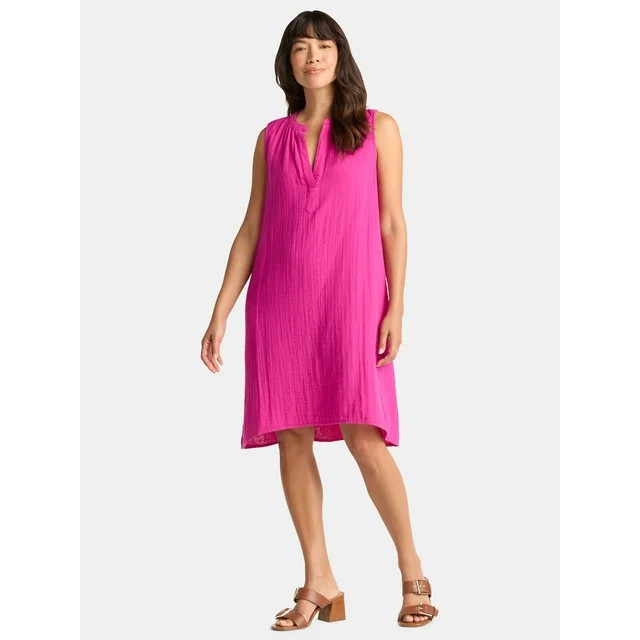 Time and Tru Women's Cotton Double Cloth Shift Dress, Sizes XS-XXXL | Walmart (US)