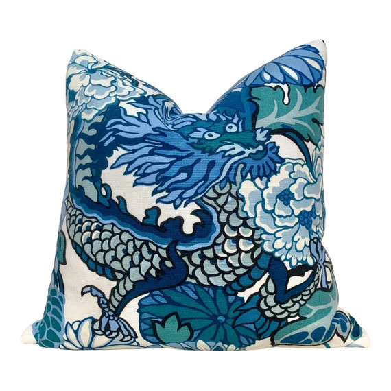 Schumacher Chang Mai Dragon Linen Pillow in Blue and Teal. | Etsy | Etsy (US)