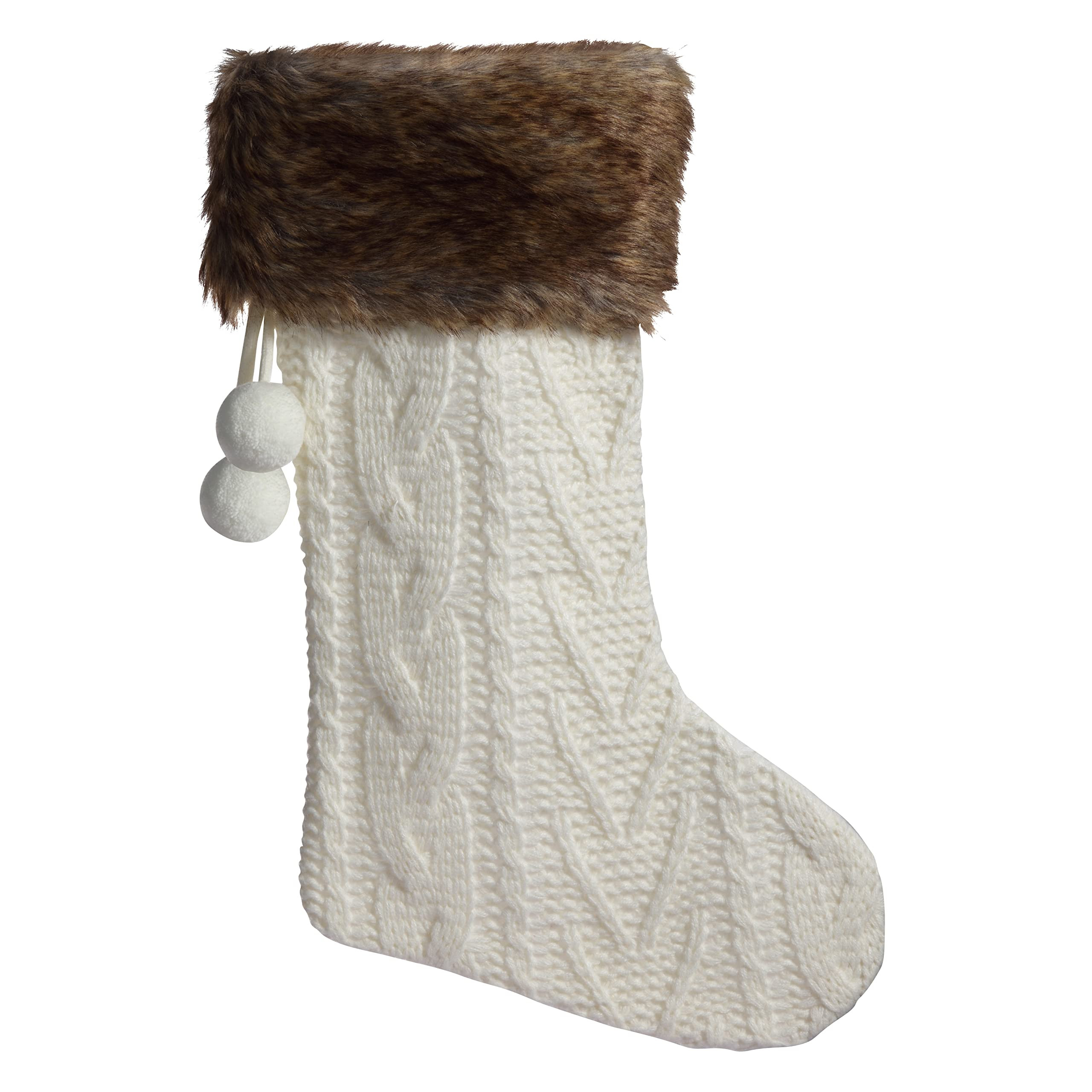 Haute Decor Off-White Knit HangRight Stocking with Brown Fur Cuff and Pom Poms, 20 inches | Amazon (US)