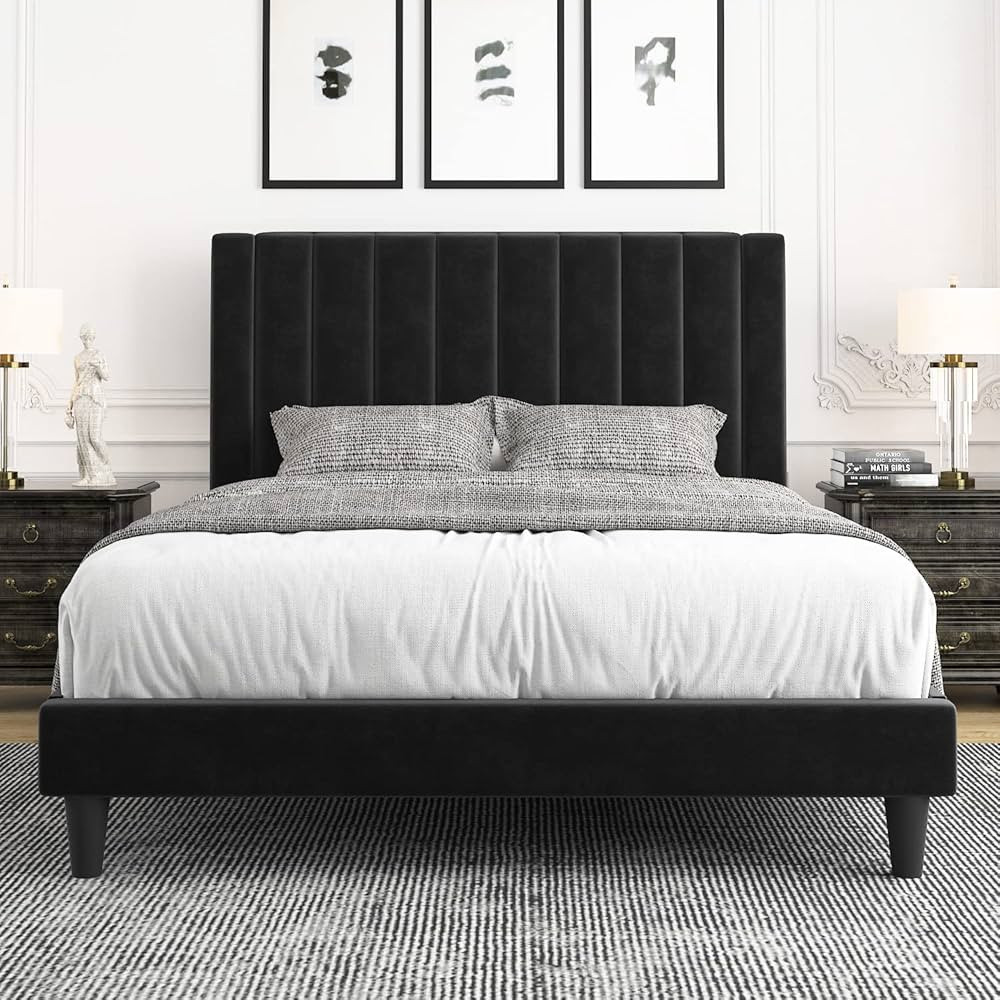Allewie Queen Bed Frame/Velvet Upholstered Bed Frame with Vertical Channel Tufted Headboard/Stron... | Amazon (US)