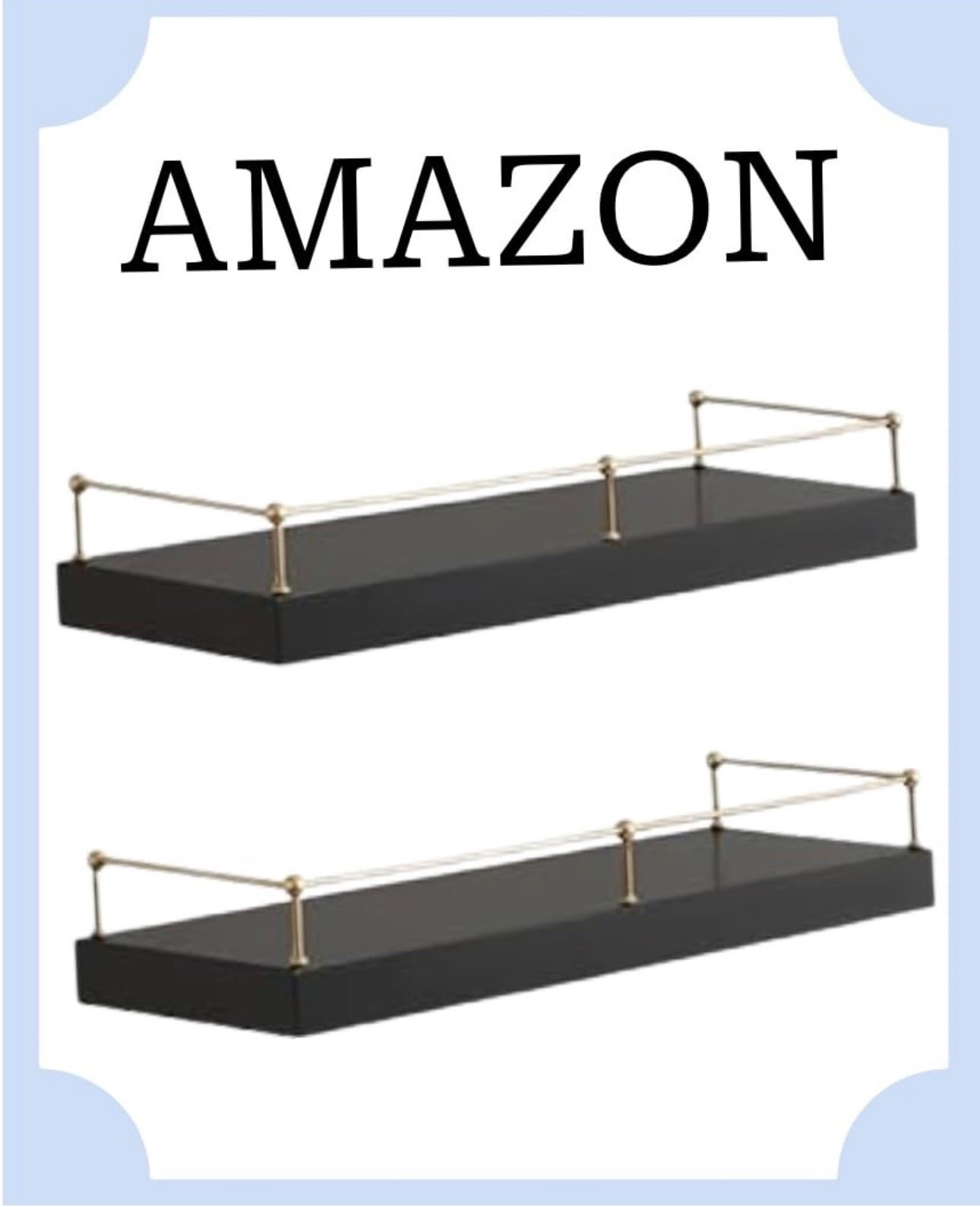 Modern Natural Floating Shelves with Rail, Set of 2, 24 x 8, Black and Gold, Functional Nursery Book Shelves or Bathroom Shelf Decor for Over Toilet Storage and Display
