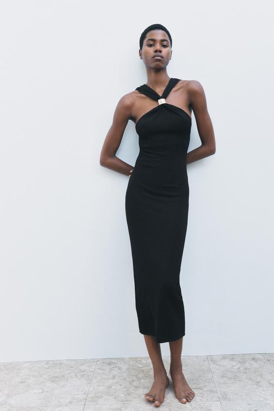 GOLD APPLIQUÉ HALTER DRESS | Zara US