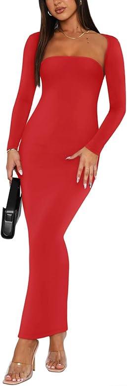 REORIA Womens Sexy 2 Piece Outfits Long Sleeve Bolero Shrug Going Out Strapless Fashion Maxi Dres... | Amazon (US)
