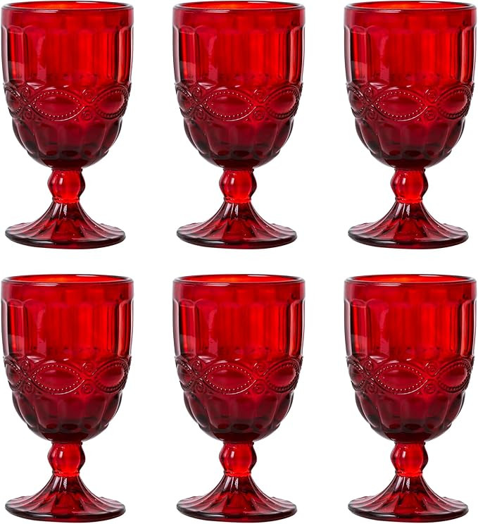 Vintage-Inspired Colored Water Glasses, Set of 6, Decorative Pattern (Red, 8.5 OZ) | Amazon (US)