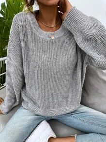 Drop Shoulder Heathered Knit Sweater | SHEIN