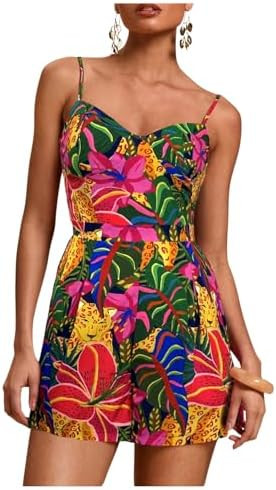 Floerns Women's Tropical Print Cami Rompers Sleeveless Boho Shorts Jumpsuit | Amazon (US)