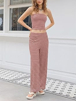 Tankaneo Womens Striped 2 Piece Sets Summer Strapless Crop Tube Tops Wide Leg Pants Matching Loun... | Amazon (US)