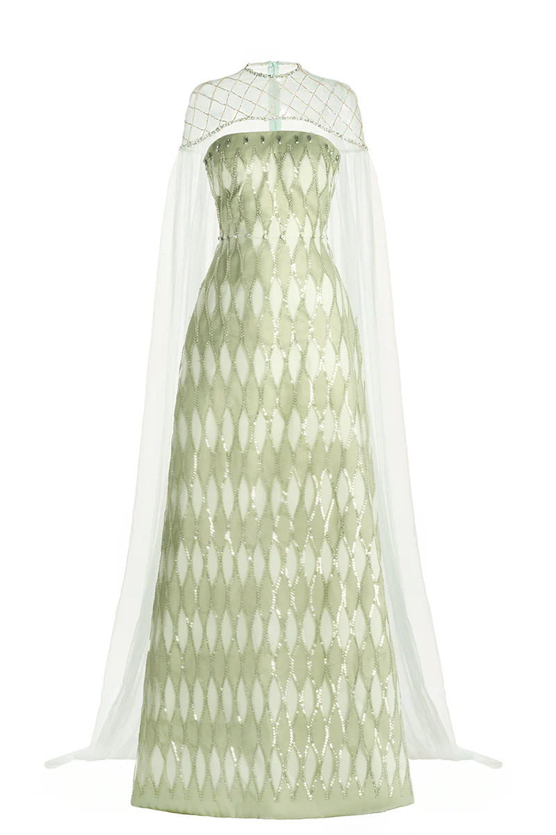 EMBELLISHED DUSTY MESH MAXI DRESS WITH CAPE | HAPPY CLOTHING | CULT MIA | CULT MIA UK LTD