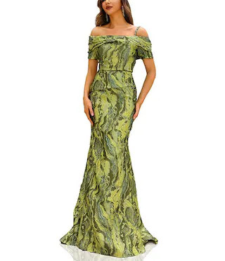Off Shoulder 1 Strap Jacquard Mermaid Gown | Dillard's