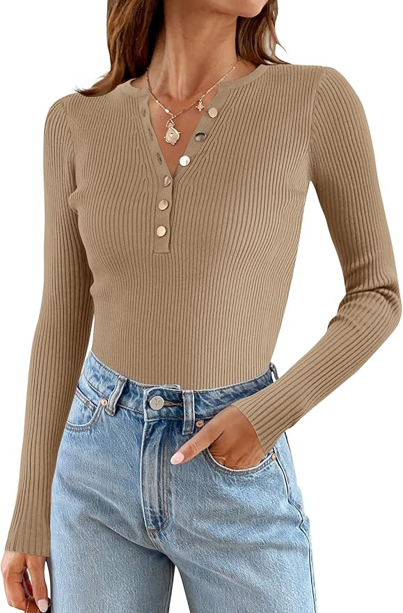 ZESICA Women's 2024 Long Sleeve Button Down V Neck Slim Fitted T Shirts Fall Casual Ribbed Knit B... | Amazon (US)