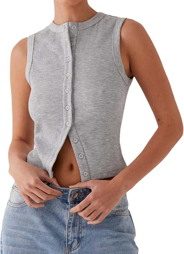 Faretumiya Women Button Down Tank Top Ribbed Summer Vest Tops Slim Fit Open Front Sleeveless Crop... | Amazon (US)
